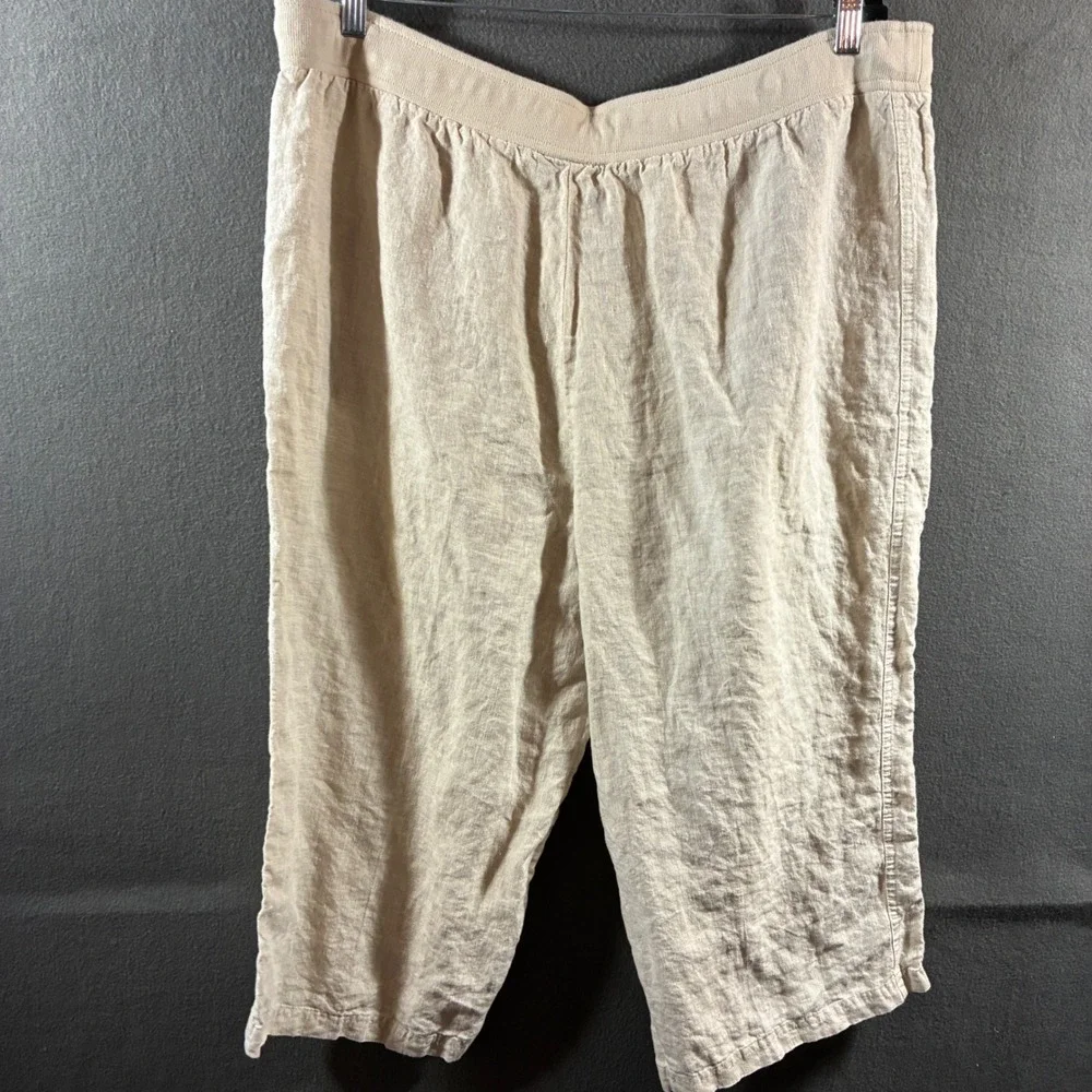 Style Co Woman Linen capri 18 Crop Pants khaki pull on coastal beach minimalist